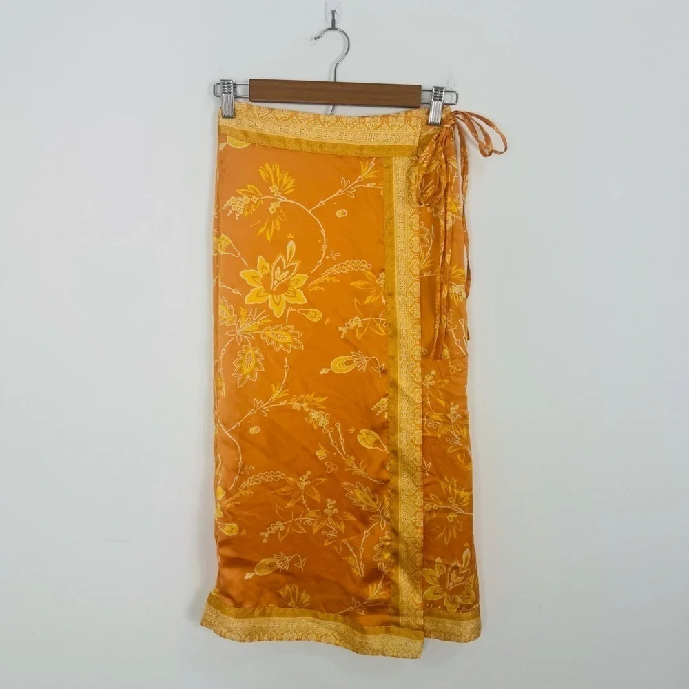 NWT $128 FREE PEOPLE Sz 0 Yasmin Border Print Wrap Midi Skirt In Orange Nectar